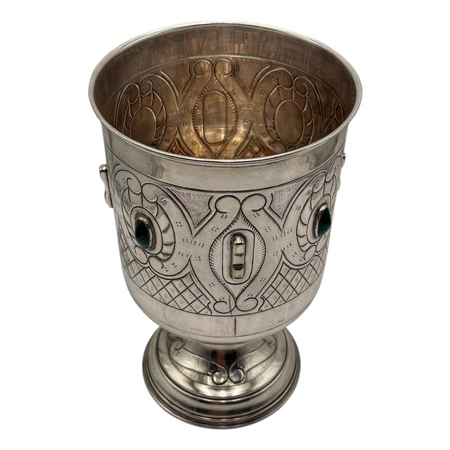 Large Mexican Spanish Colonial Revival Alpaca Silver Wine Bucket & Green Onyx For Sale