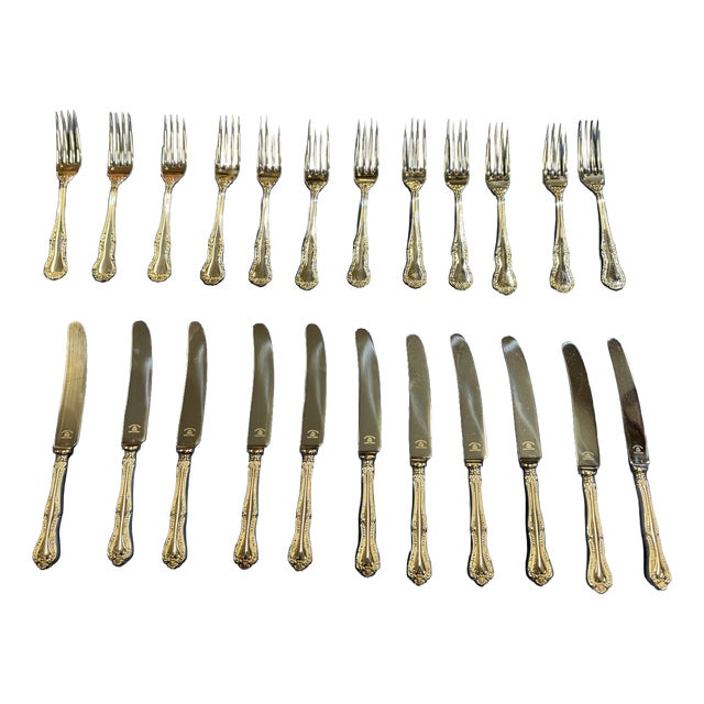 Russell Pattern Twelve-Piece Silver-Plated Dessert Knife and Fork Set by Mappin & Webb, Set of 24 For Sale