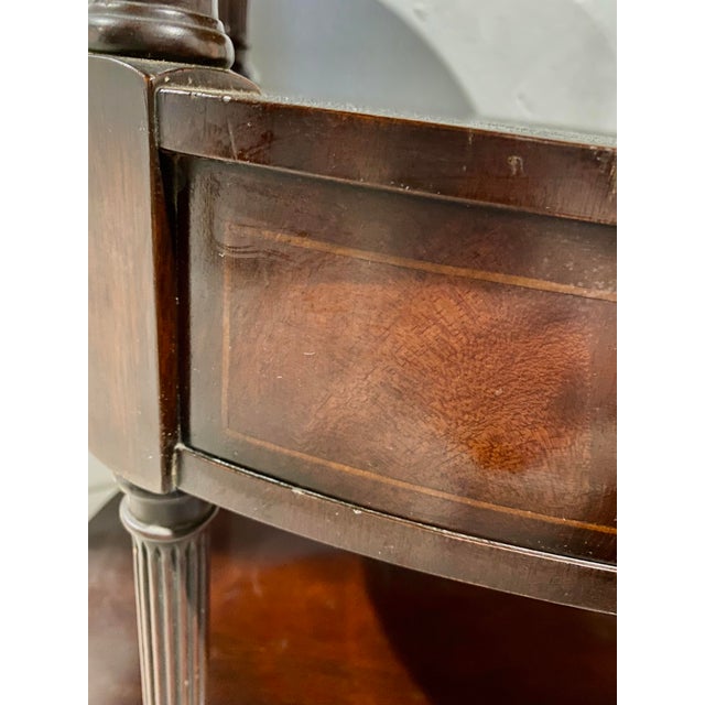 Brown Vintage Leather-Topped Mahogany Three-Tier Oval Shaped Rolling Bar Cart With Drawer For Sale - Image 8 of 11
