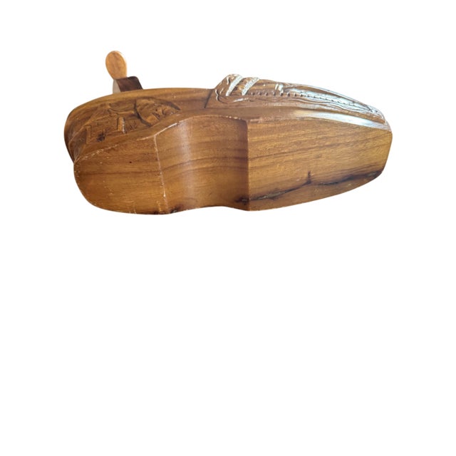 Vintage Hand-Carved Solid Wood Shoe Wine Bottle Holder With Tropical Motif For Sale - Image 9 of 11