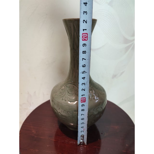 Chinese Ceramic Vase Yaozhou Ware Celadon Vase Hand Carved Flowers Pattern For Sale - Image 9 of 12