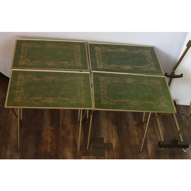 Forest Green Green and Gold English Regency Design 1960s Tray Tables With Rolling Stand For Sale - Image 8 of 17