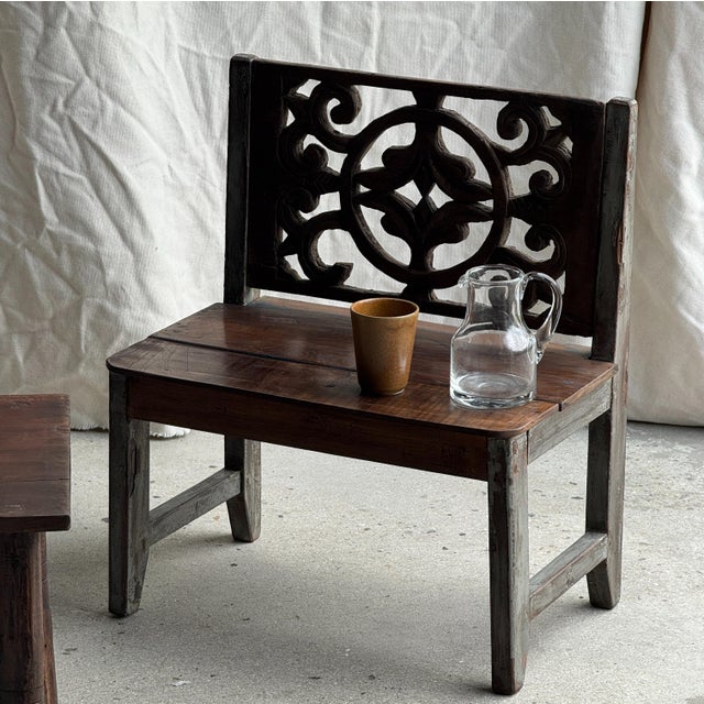 Brutalist Mini Bench with Carved Backrest, 1980s For Sale - Image 3 of 18