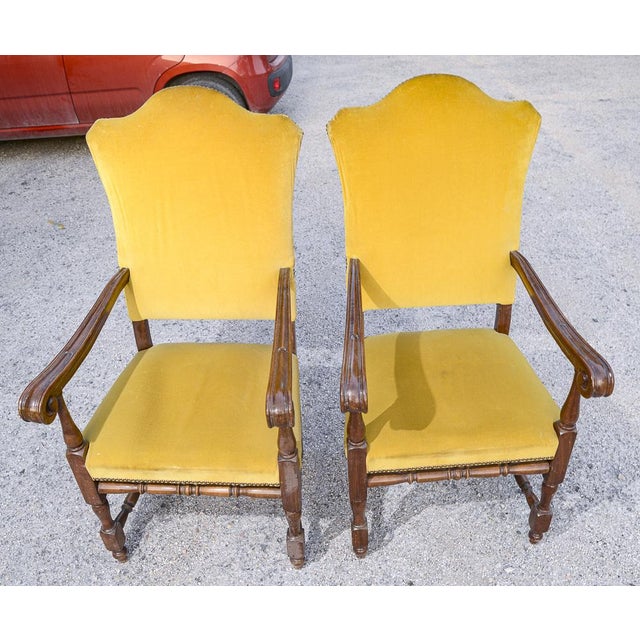 Armchairs in Carved Wood and Yellow Velvet, 1980s, Set of 2 For Sale - Image 3 of 18