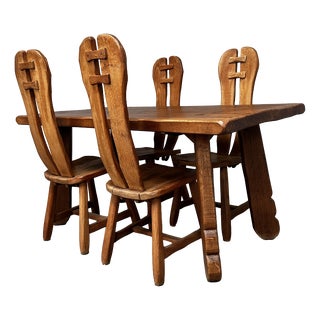 Brutalist Oak Dining Table and Chairs by De Puydt, Belgium, 1960s, Set of 5 For Sale