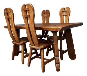 Brutalist Oak Dining Table and Chairs by De Puydt, Belgium, 1960s, Set of 5