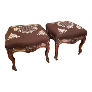 Antique Needlepoint Footstools With Roses & Carved Legs - a Pair For Sale