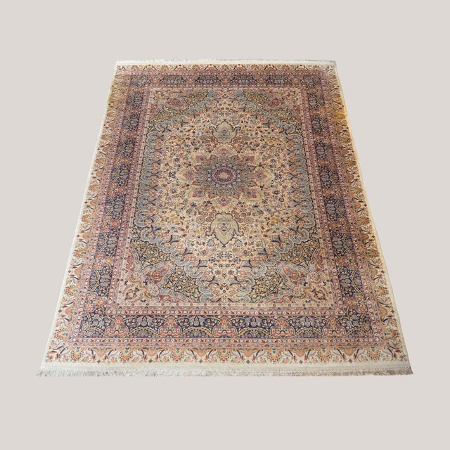 Large Vintage Persian Floral Area Rug in Ivory and Navy, 1950s, in Good conditions. Designed 1950 to 1959