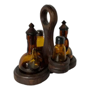 Mid Century Hand Turned Wooden Amber Glass Cruet Set- 9 Pieces