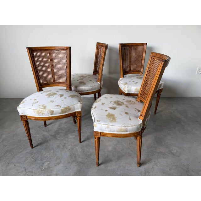 1970s Vintage French Louis XVI Style Cane Back Dining Chairs – Set of 4 For Sale - Image 5 of 12