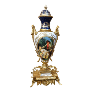 French White Porcelain Vase With Romantic Scene & Gold Gilt Bronze Mounts
