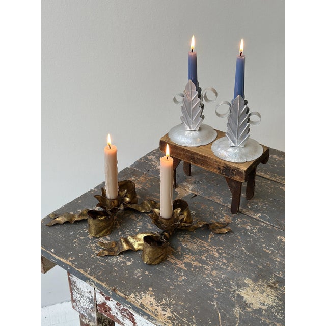 Mid-Century Modern Vintage Handmade Hammered Aluminum Leaf Motif Candleholders, a Pair, Circa 1940s For Sale - Image 3 of 12