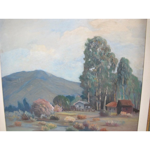 Large Western Landscape oil painting, signed at lower right, but unknown. Green tone wood frame measures 32.5" x 30.5",...