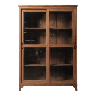 Bleached Wooden Glass-Front Cabinet With Sliding Doors For Sale