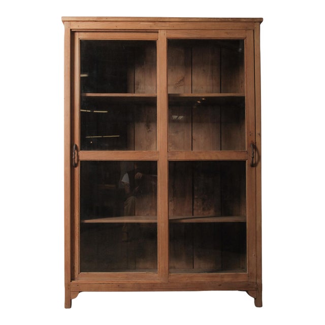 Bleached Wooden Glass-Front Cabinet With Sliding Doors For Sale