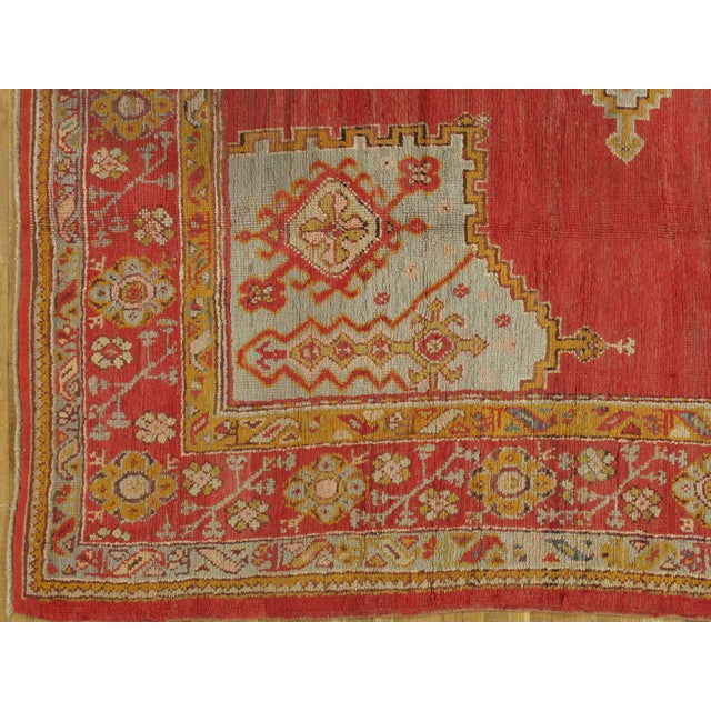 Antique Turkish Oushak Rug, Handmade Wool Oriental Rug in Coral and Lt Blue For Sale - Image 12 of 17