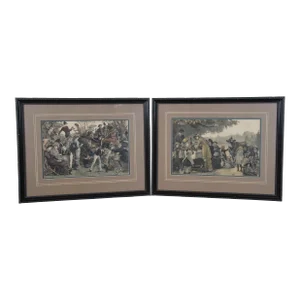 Set of 2 Antique Harry Furniss Eton Harrow Cricket Match Day in Arcadia Engravings 27"
