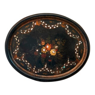 Antique 19th Century Papier Mache Mother of Pearl Inlay Oval Tray For Sale