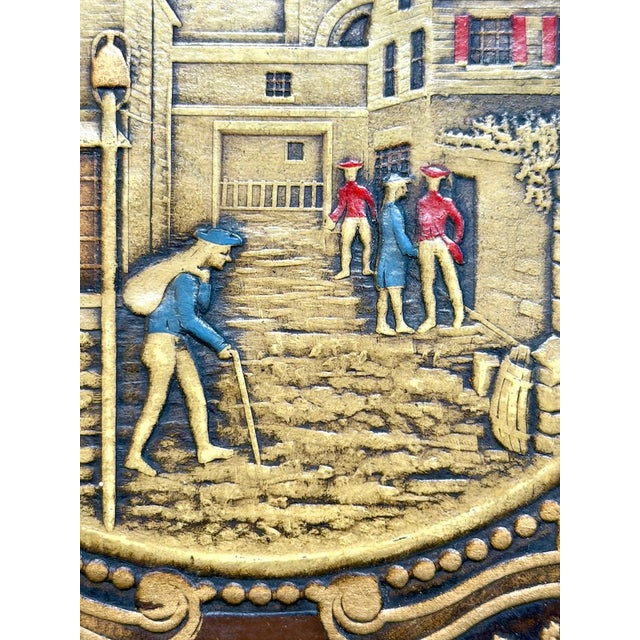 Brown Antique Framed Embossed Colonial Philadelphia Village Scene Leather Panel For Sale - Image 8 of 14