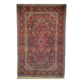 Vintage Persian Kashan Area Rug, Hand-Knotted Wool, Floral Pattern, Red & Navy, 5x7 For Sale