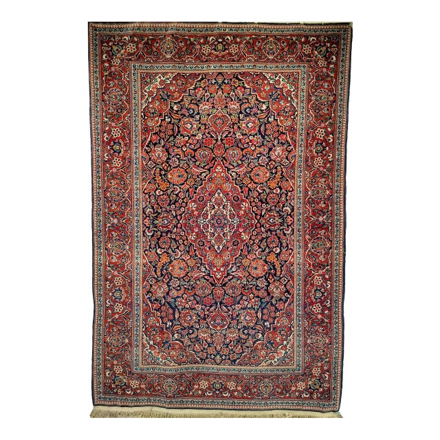 Vintage Persian Kashan Area Rug, Hand-Knotted Wool, Floral Pattern, Red & Navy, 5x7 For Sale