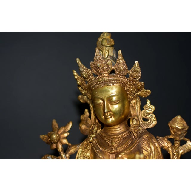 Gilt Bronze Tibetan Green Tara Statue For Sale In Los Angeles - Image 6 of 13