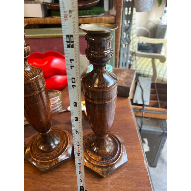 Wood 1970s Country Core Pair of Wooden Candleholders and Pink Candles For Sale - Image 7 of 11