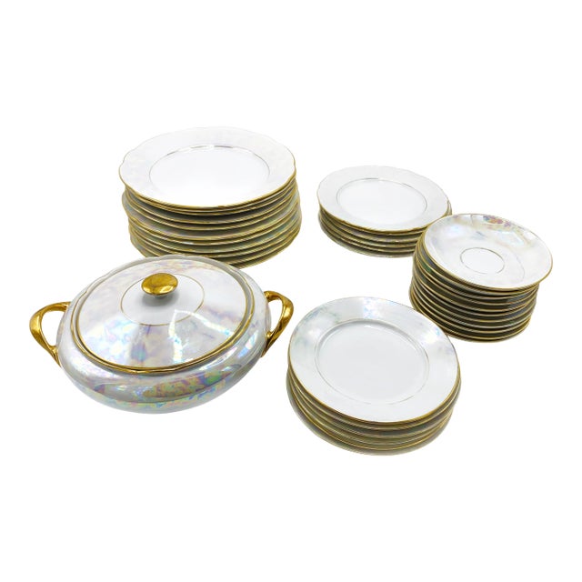 1940s Mz Czechoslovakia Lusterware Gilt China Serving Set - 35 Pieces For Sale