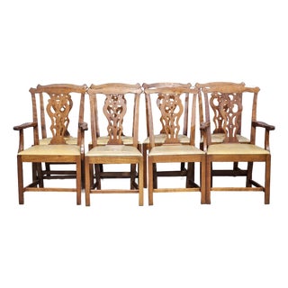 Set of 8 Stickley Chippendale Solid Cherry Dining Chairs Leather Seats Made Usa For Sale