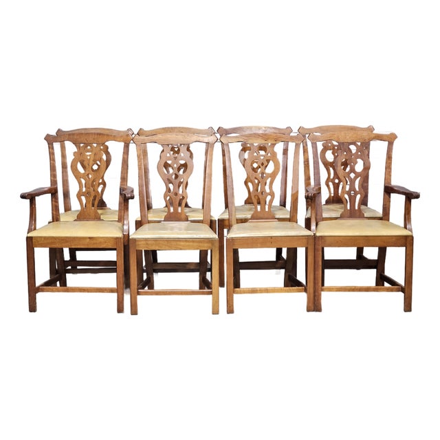Set of 8 Stickley Chippendale Solid Cherry Dining Chairs Leather Seats Made Usa For Sale