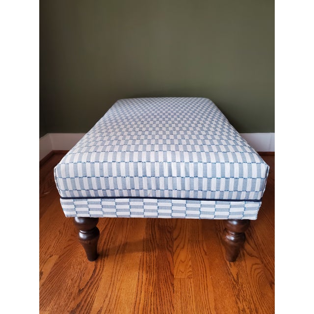 Newly Upholstered English Ottoman in Blue-Grey Woven Water Fabric For Sale - Image 6 of 7