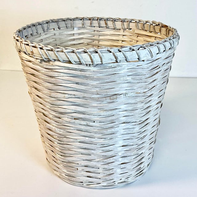 Mid-Century Modern Mid-Century Boho Chic Coastal White Washed Wicker Wastebasket. For Sale - Image 3 of 9