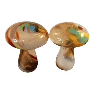 Pair of Vintage Hand Painted Art Glass Mushroom Sculptures