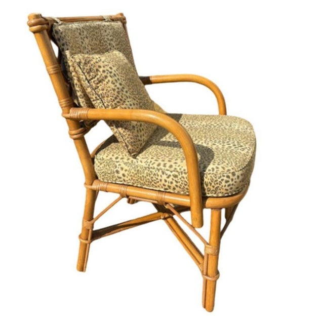 1950s Restored Mid-Century Rattan Dining Table & Chairs W/ Leopard Print Cushions - Set of 5 For Sale - Image 4 of 10