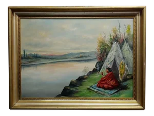 C. Faunce - Native American Smoking His Pipe by a Lake -Oil Painting - C.1910s