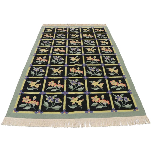Modern Vintage Chinese Floral Kilim Rug - 04'01 x 06'03 For Sale - Image 3 of 9