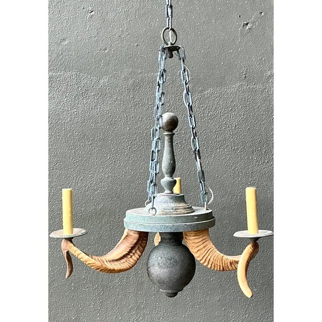 Vintage Horn Motif Metal Hanging Light For Sale In West Palm - Image 6 of 12