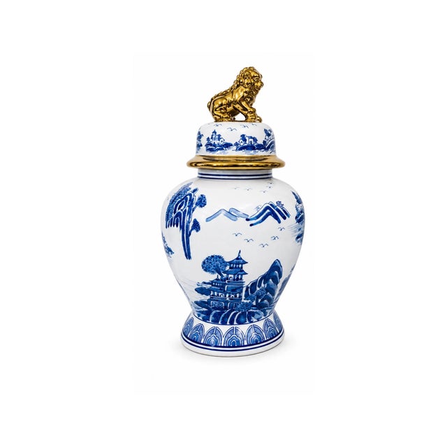 Pair of Large blue and white Ginger jars. Each jar features a beautifully detailed hand-applied scenic motif inspired by...