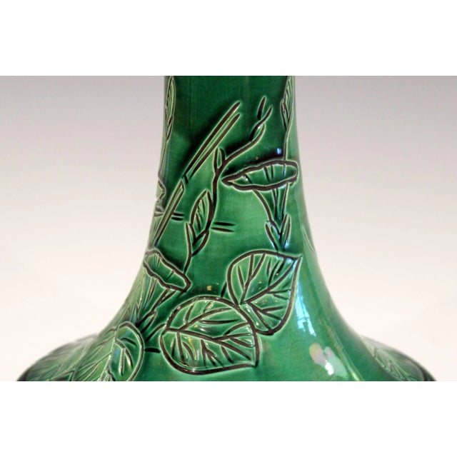 Ceramic Antique Awaji Pottery Japanese Green Monochrome Bottle Vase Incised Bell Flowers For Sale - Image 7 of 11