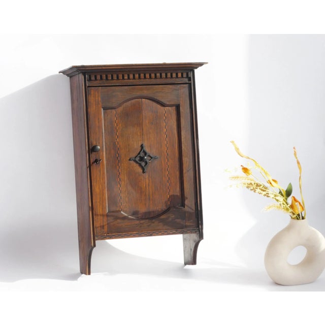 Wood Vintage Wall Cabinet with Marquetry Details, 1930s For Sale - Image 7 of 13