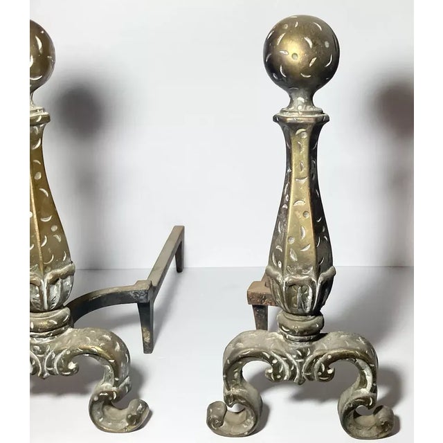 1920s Pair of Cast Iron Hammered Bronzed Fireplace Andirons Cannonball Crown 18” Overall great antique vintage condition....
