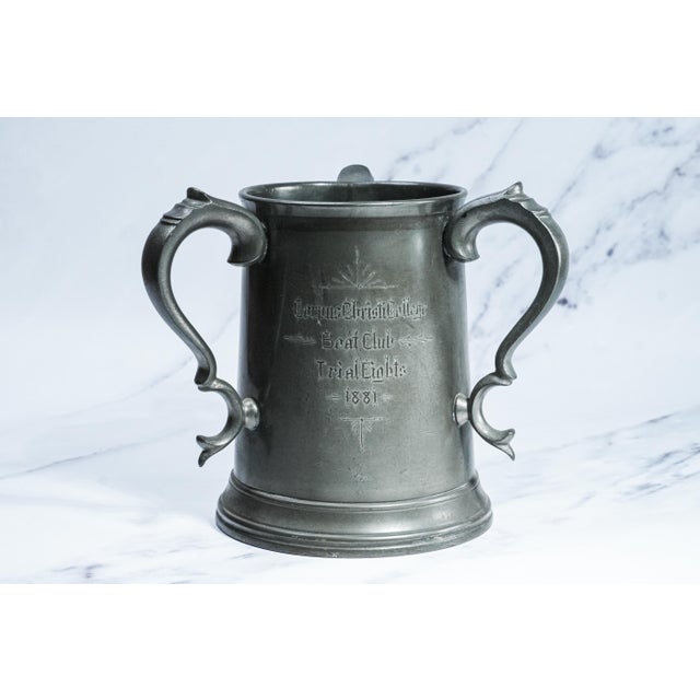 Victorian Fantastic Triple Handle Antique Trophy Tankard Pewter Cup Victorian University Rowing Crew Sports Home Decor For Sale - Image 3 of 13