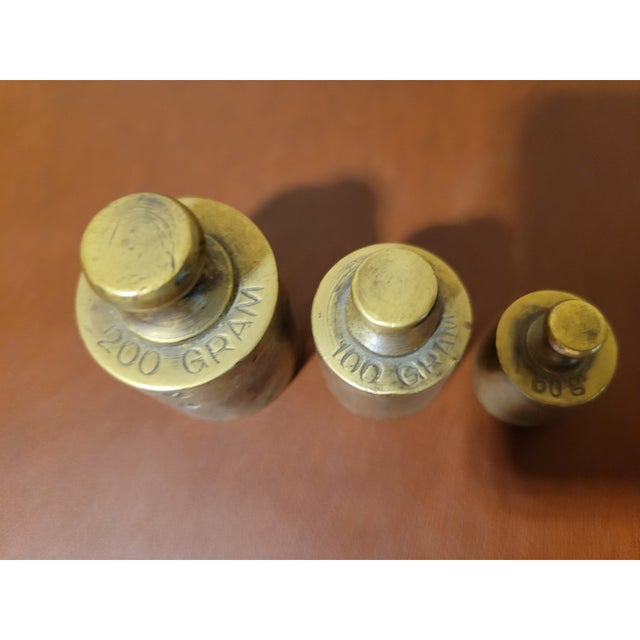 Wood Antique Five Brass Scale Weights in Wooden Holder For Sale - Image 7 of 8