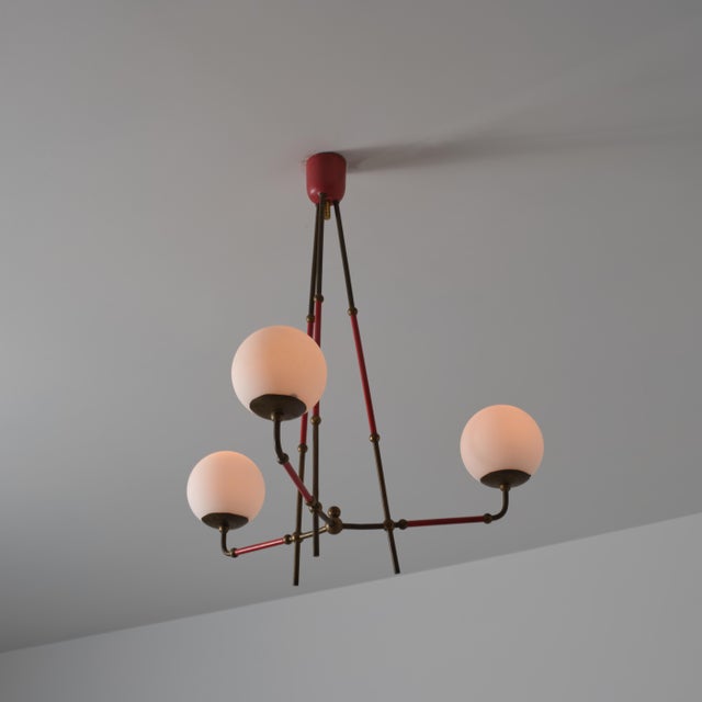 Vintage Italian Brass and Red Lacquered Chandelier with Opaline Glass, 1950s For Sale - Image 10 of 13