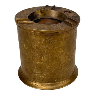 Vintage Middle Eastern Etched Brass Cigarette Humidor Canister W/ Ashtray For Sale