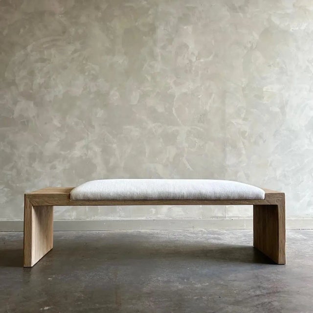 Not Yet Made - Made To Order Elm Wood Bench With Linen Upholstery - Off Center For Sale - Image 5 of 9
