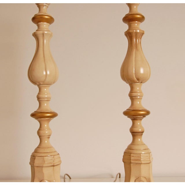 French Country 1980s Vintage Table Lamps France Cream With Gold - a Pair For Sale - Image 3 of 9