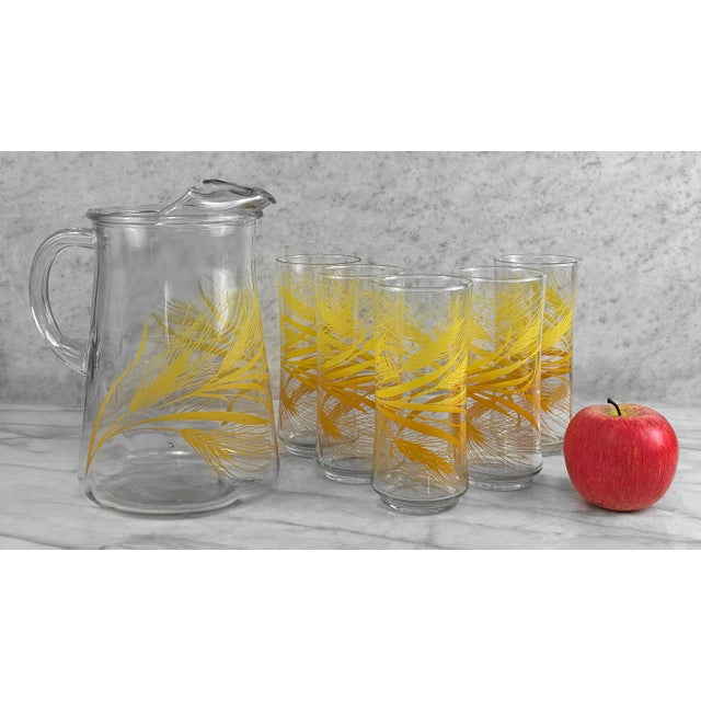 Vintage Golden Wheat Pitcher & Glasses Drinkware Set of 6, c.1970's - Pairs Nicely with Many Mid-Century & Eclectic...