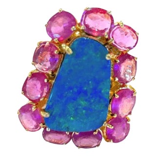 Bochic "Capri" Vintage Blue Opal & Ruby Ring Set In 18K Gold & Silver For Sale