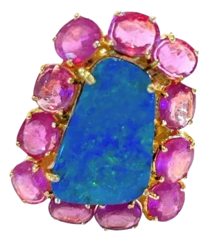 Bochic "Capri" Vintage Blue Opal & Ruby Ring Set In 18K Gold & Silver